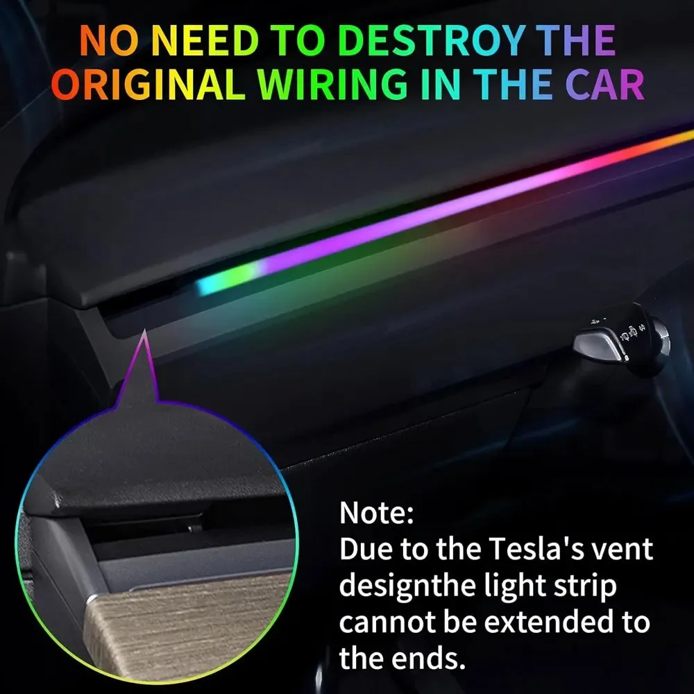 for Tesla New Model Y 3 Highland 116CM RGB Ambient Light Kit Dashboard Center Console Center Stack APP LED Strips Neon Lighting view 4