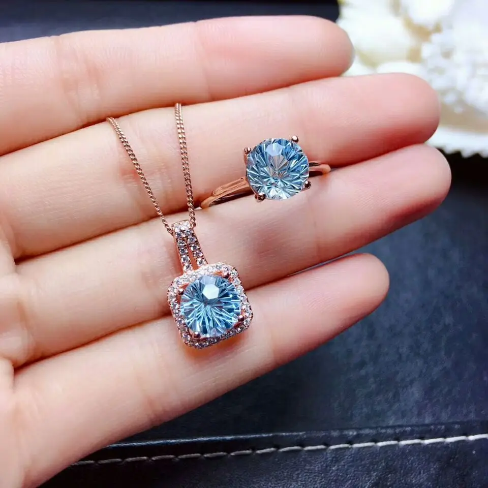 MeiBaPJ Natural Fireworks Sky Blue Topaz Jewelry Set 925 Pure Silver Ring Pendant Necklace 2 Suits Wedding Jewelry for Women