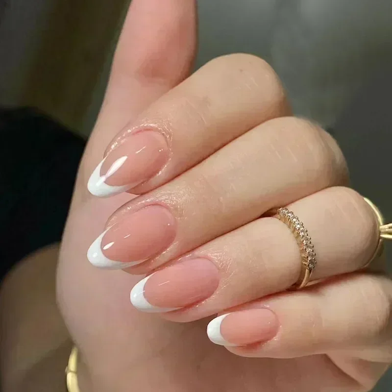 24 pçs unhas falsas francesas amêndoa unhas falsas com cola imprensa na borda branca design wearable simples ins rosa stiletto dicas de unhas