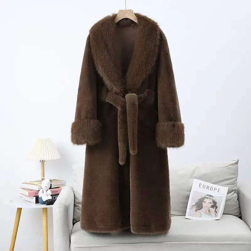 Faux Fox Fur Coats Women Work Long Fur Jackets Pocket Lace Up Long Sleeve Single Breasted Thick Loose Casual 2025 Autumn Winter