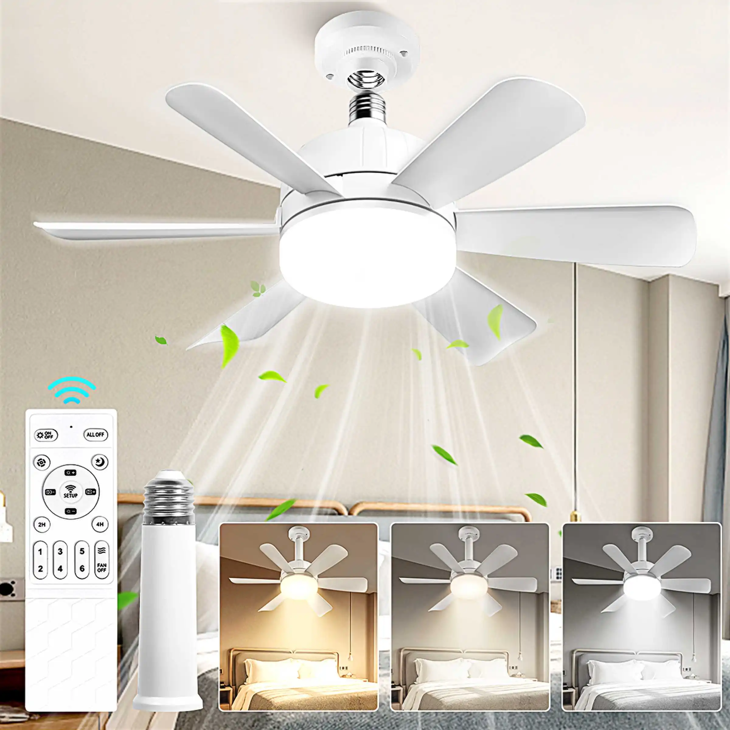 

2-IN-1 Socket Fan Lights with Remote, Timing Funtion, 3 Color Temperature&6 Speeds, E26/E27 Bulb Ceiling Fans Lamps for Room