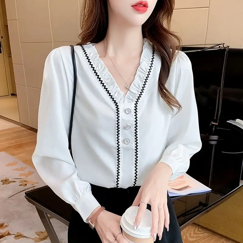 Ruffle Lace Patchwork Elegant Chic Sweet Black White Commute Blouse Top Women 2023 Spring Autumn Fashion Slim Long Sleeve Shirts