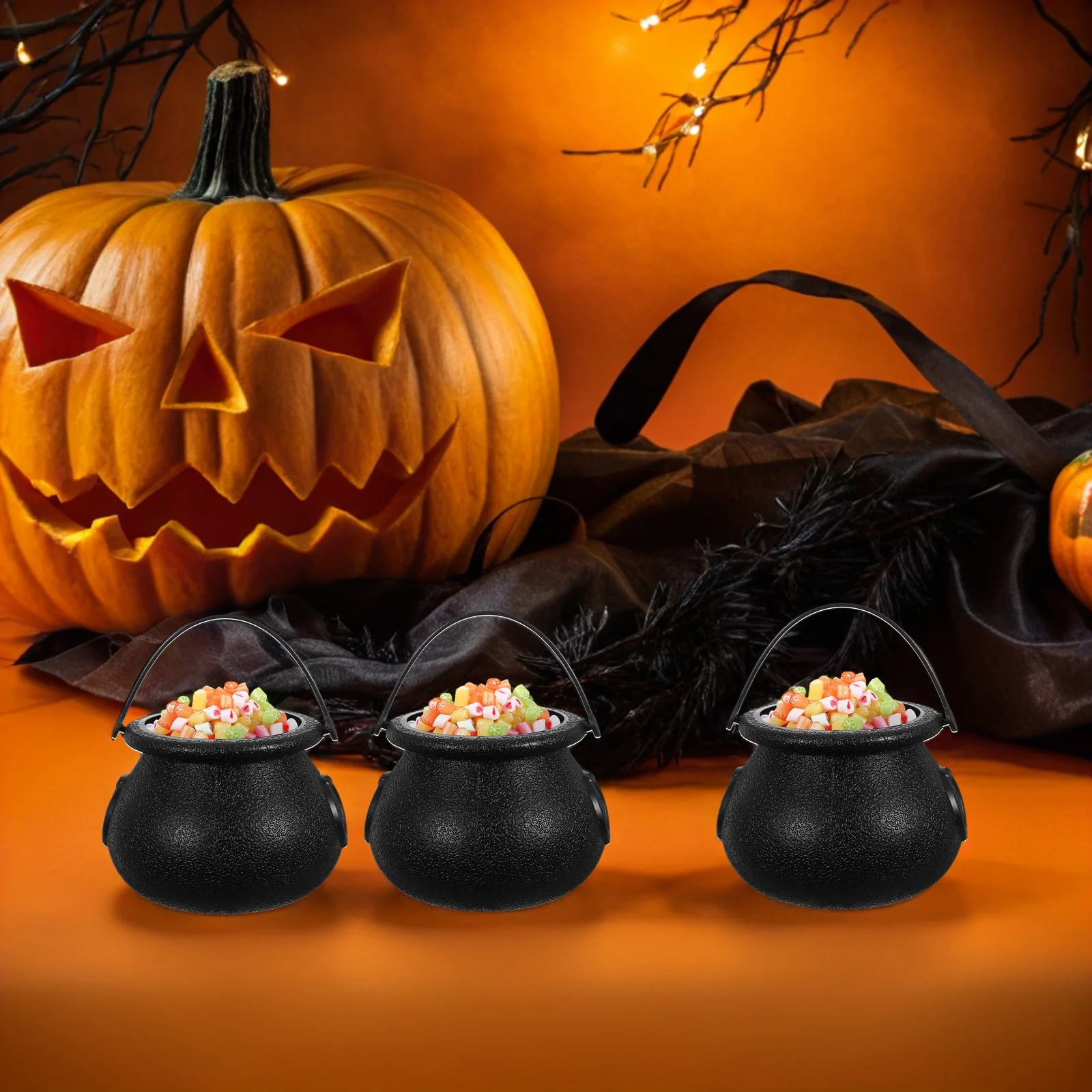 

9pcs Witch Pot Bucket Kettle Cauldron Halloween Bucket Halloween Sweets Cauldron Container Black Plastic Trick Treat Storage Toy