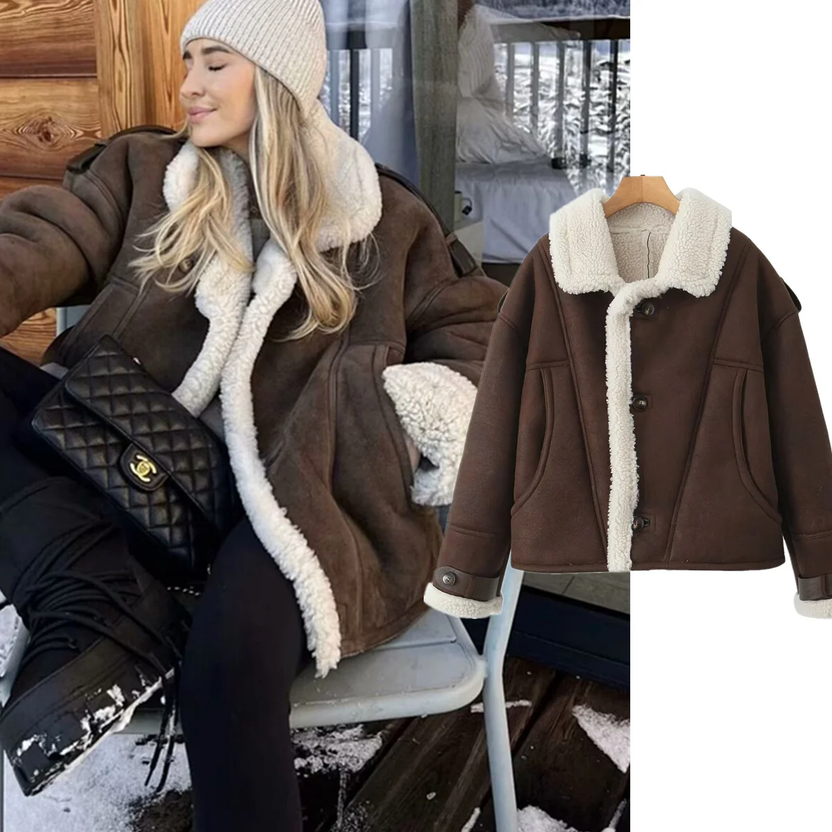 

Dave&Di Nordic Minimalist Autumn Winter Women's Jacket Suede Loose Winter Coat Jacket Suede Lambskin Loose Coat Women