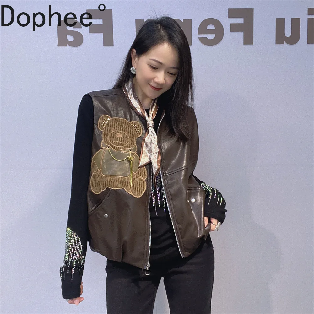 

American Street Vintage PU Leather Vests Coat All-match Autumn Sleeveless Jacket Beads Bear Diamonds O-neck Faux Leather Coat
