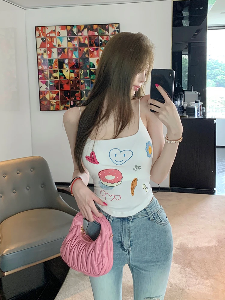 Chill Short Printed Crop Top Strapless Bralette Waist-Cinching Design Women's Sweet Style Cotton Blend Tank Top with Chest Pad