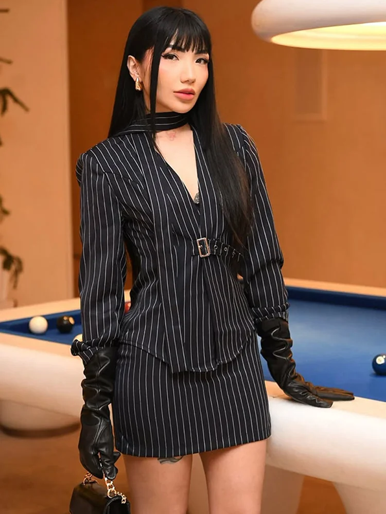 

Women's Striped Skirt Suit Sets Fashion V-neck Scarf Collar Long Sleeve Jacket Skirts 2-piece Set 2025 Lady Daily Commute Outfit