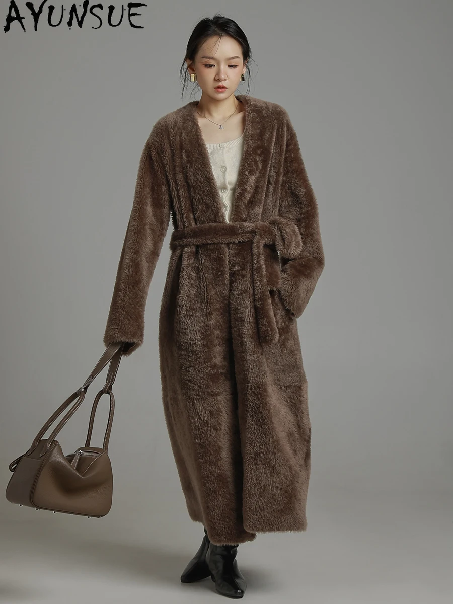 AYUNSUE 럭셔리 천연 양피 모피 코트 여성 진짜 가죽 자켓 겨울 자켓 의류 여성 긴 무릎 Шуба Женская
