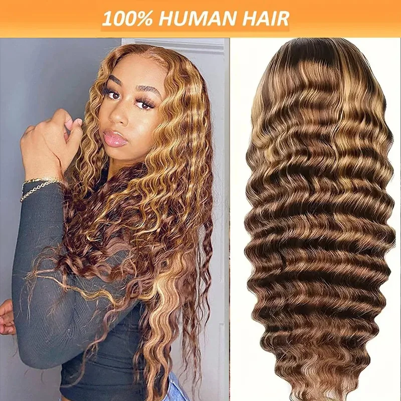 Медовый блондин Ombre 13x5 HD Прозрачный парик фронта шнурка |   Человеческие волосы, текстура глубокой волны, плотность 250%, 26 дюймов, предварительно выщипанные с B