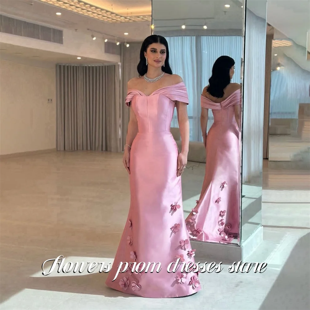 Flowers Pink Satin Evening Dress Off Shoulder Formal Gown with 3D Floral Trailing Night Dresses Mermaid Prom Dresses Customized