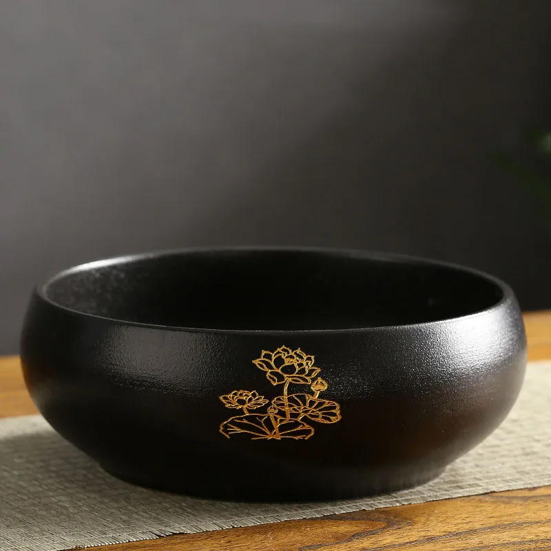 1000ml Retro Carved Gold Large Black Pottery Tea Wash Tank Household Pen Wash Water Bowl Ceramic Chaxi Tea Ceremony Accessories