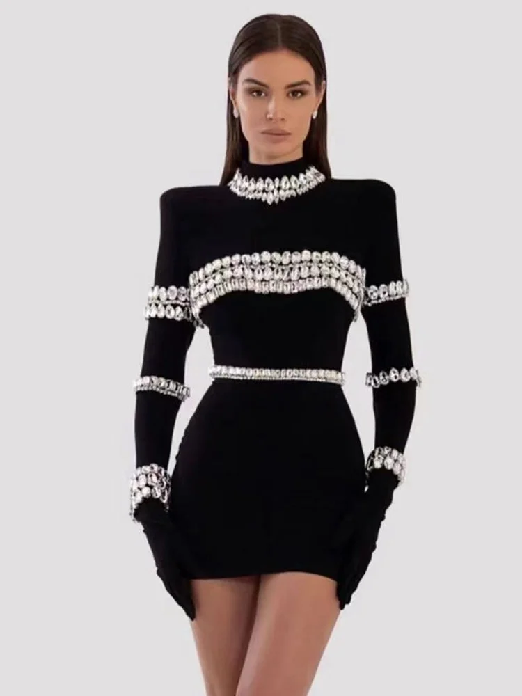 

BEVENCCEL 2023 New Summer Women Sexy Round Neck Long Sleeve Diamond Sexy Tight Mini Bandage Dress Elegant Celebrity Party Dress