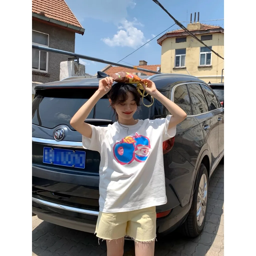 Zomer Katoen Cartoon Print Wit T-shirt Vrouwen 2025, Nieuwe Korte Mouw T-shirt Leuk Ontwerp Gevoel Casual Comfort Top Vrouwelijke kleding