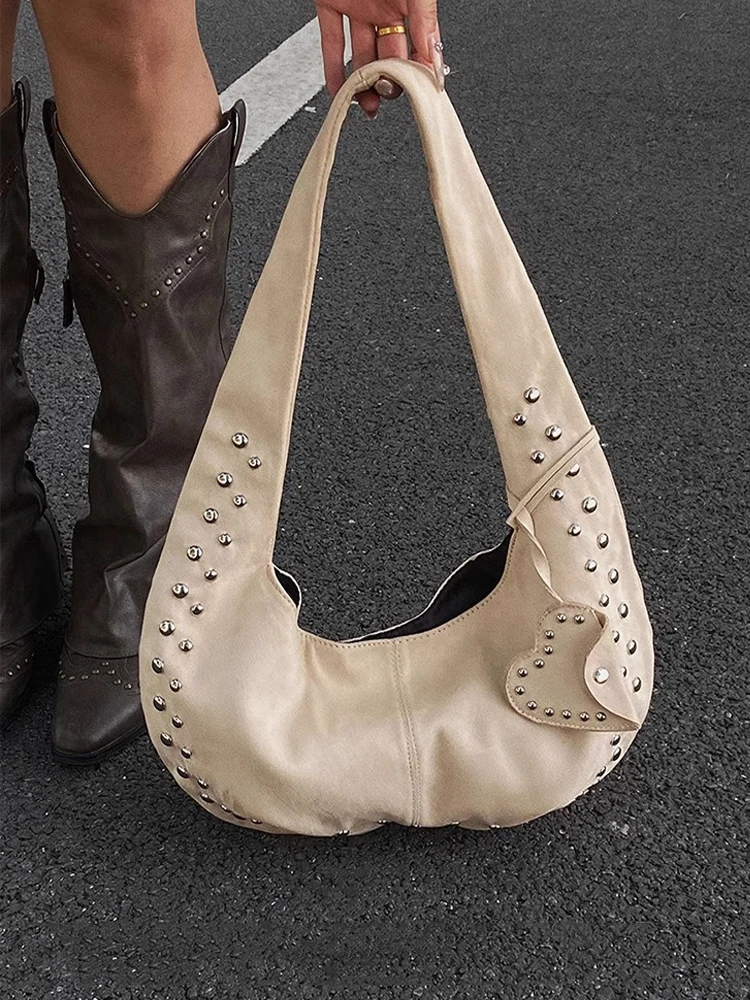 

Новая замшевая сумка в стиле ретро для женщин, нишевая сумка для подмышек с заклепками, трендовая сумка на одно плечо