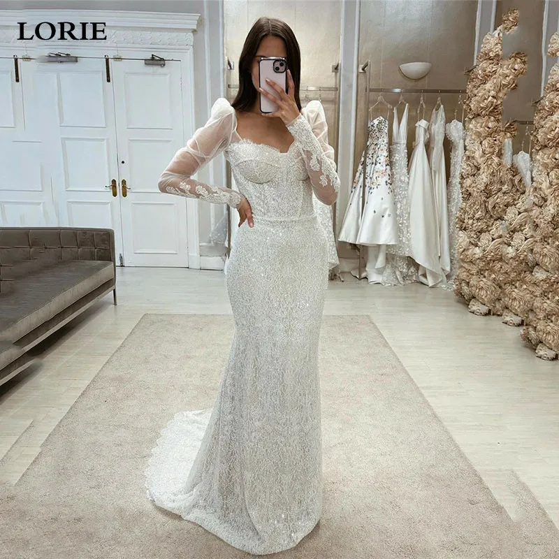 LORIE Long Sleeve Sequins Lace Mermaid Wedding Dress Full Lace Bride Dresses Appliqued Lace Wedding Gowns Plus Size