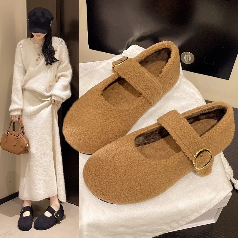 

Outside Wear 2025 Autumn and Winter New Women's One-word Buckle Strap Mary Jane Cotton Shoes Flat Shoes