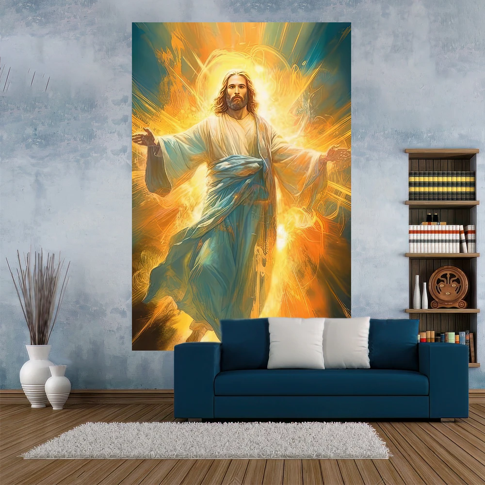 Divine Figure Jesus Boho Tapestry Print, Dorm Or Bedroom Background, Fabric Aesthetic, Home Décor