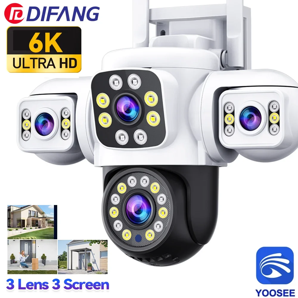 6K 12MP WiFi Camera Outdoor Security Camera Three Screen Three Lens PTZ 360° Security Protection CCTV Surveillance Cam Yoosee