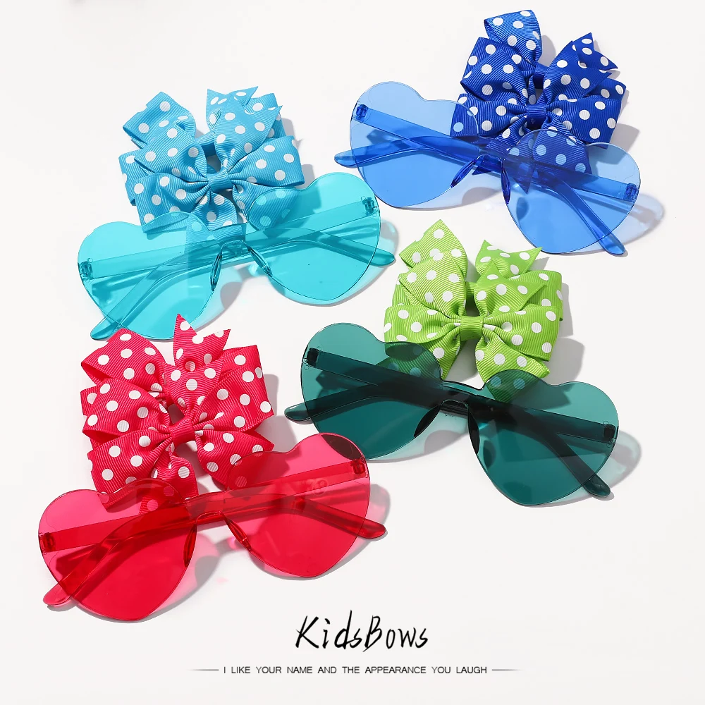 3Pcs/set Kids Cute Solid Dot Hairpin Colorful Heart Sun Glasses Set Girls Boutique Bowknot Hair Clips Children Hair Accessories