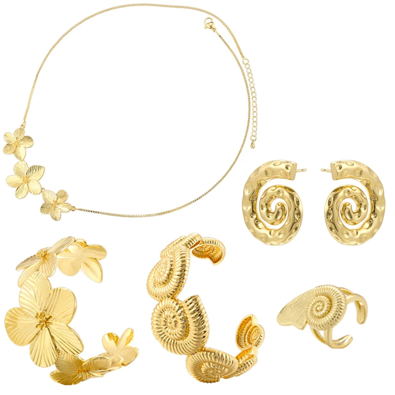 ZHUKOU 18K gold plated brass metal flower necklace bracelet conch ring unisex jewellery party gift:VL543