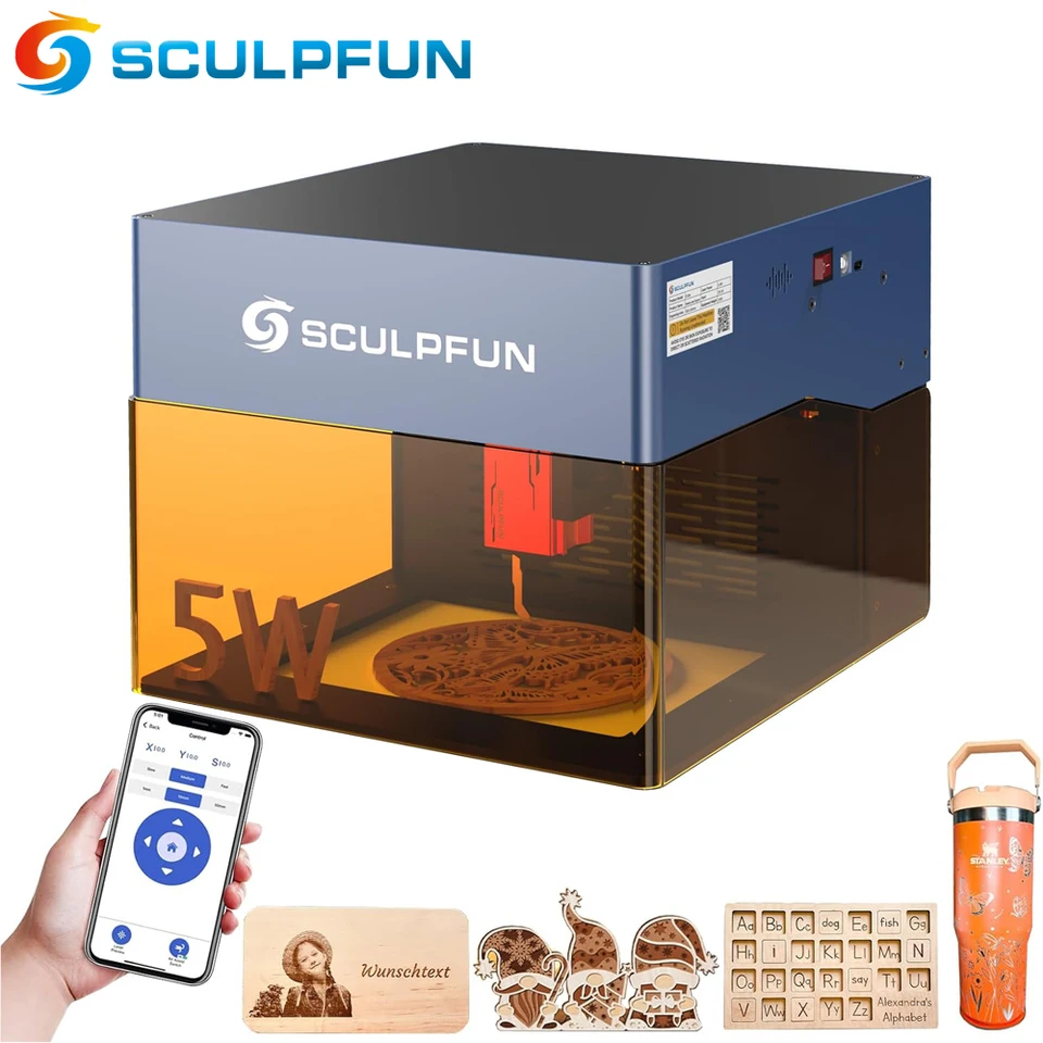 Sculpfun-icube proレーザー彫刻機,5w,CNC,切断,彫刻機,作業領域