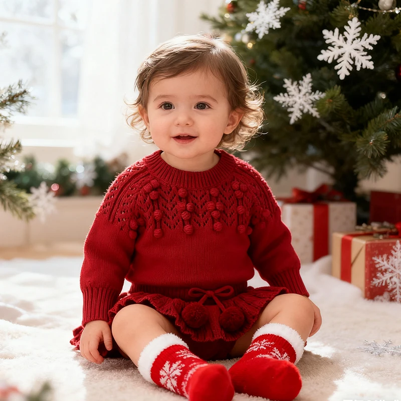 2025 New Autumn Christmas 0-24M Toddler Baby Girls Clothing Sets Long Sleeved Knitted Sweater+Shorts New Year Kids Clothes Suit