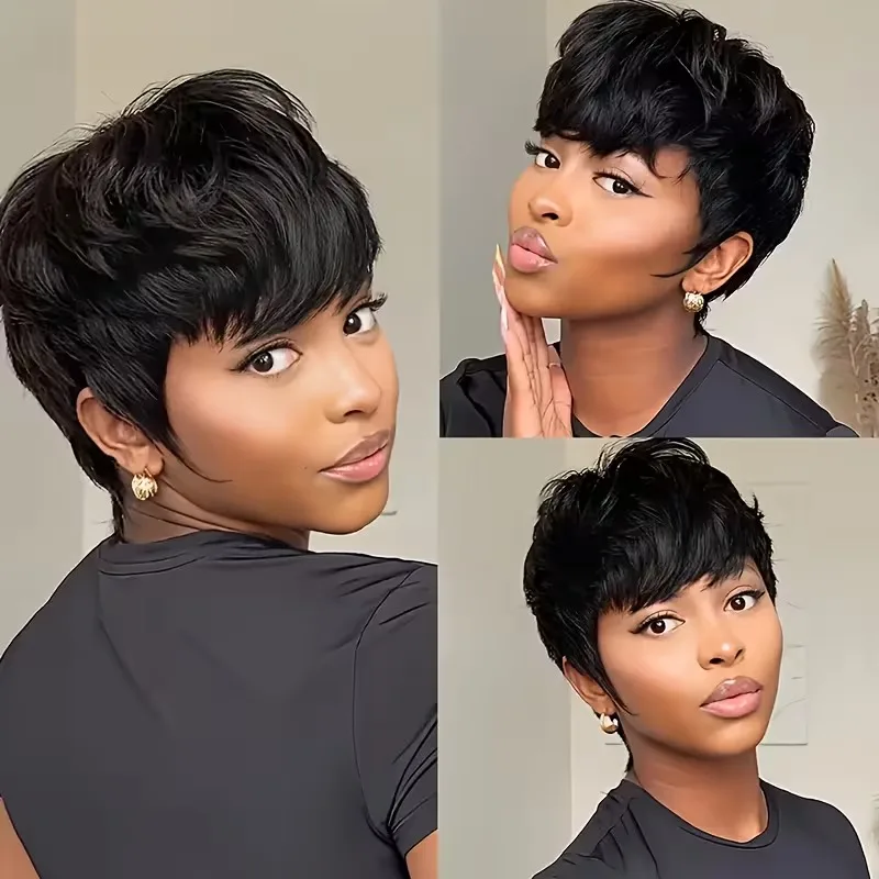Short Layered Pixie Wigs Human Hair 100% Natural Realistic Tangle Free Pre Plucked Full Machine Made With Bangs For Women image 5