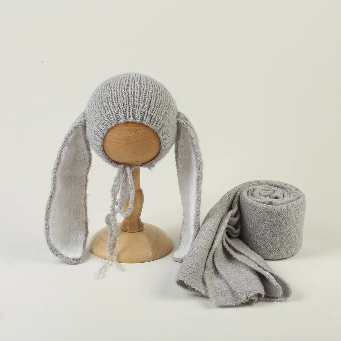 

Grey Mohair Stretch Wrap And Bunny Hat Set Newborn Photo Shoot Knitted Big Ears Rabbit Bonnet Baby Photography Props