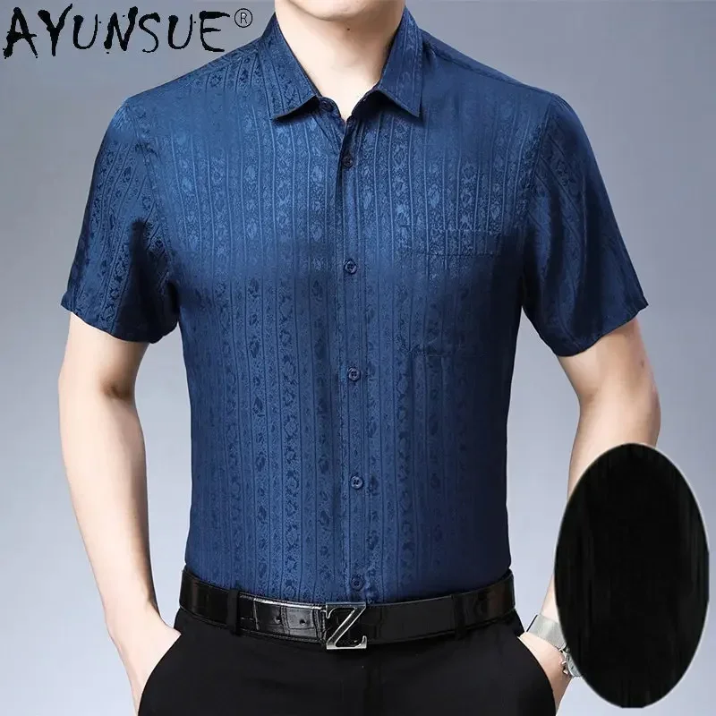 AYUNSUE 100% Mulberry Real Silk Men's Short Summer Sleeve Shirt for Men Loose Casual T Clothing Chemise Homme