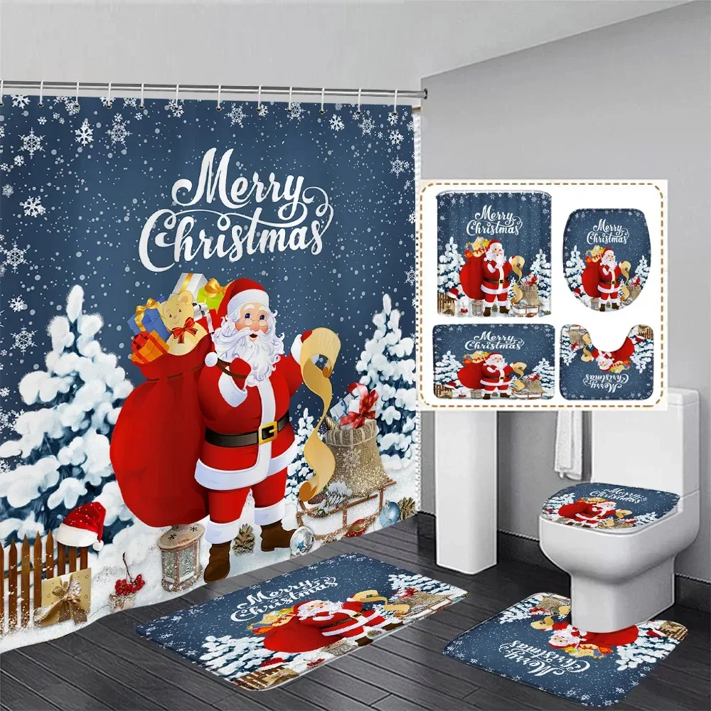 Merry Christmas Shower Curtain Set Funny Snowman Cedar Bird Winter Forest New Year Bathroom Decor Door Rug Bath Mat Toilet Cover