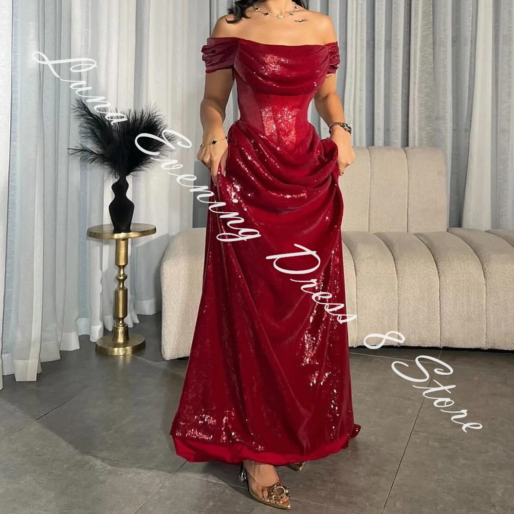 Customized Elegant Satin A-Line Off the Shoulder Evening Dress Strapless Lace Up Back Short Sleeves Panel Train Floor Length