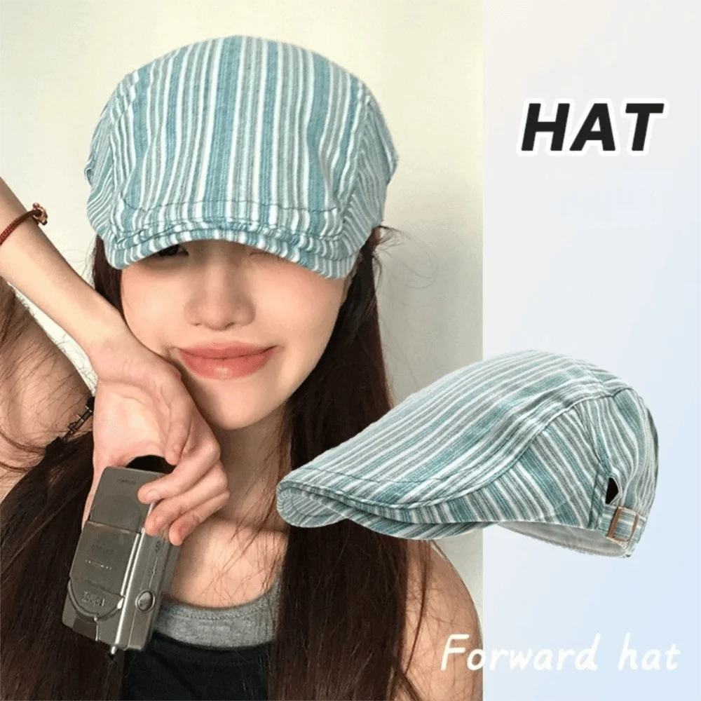 Vintage Cotton Striped Forward Hat Adjustable Breathable Newsboy Hat Japanese Style Flat Brim Cap Women Men
