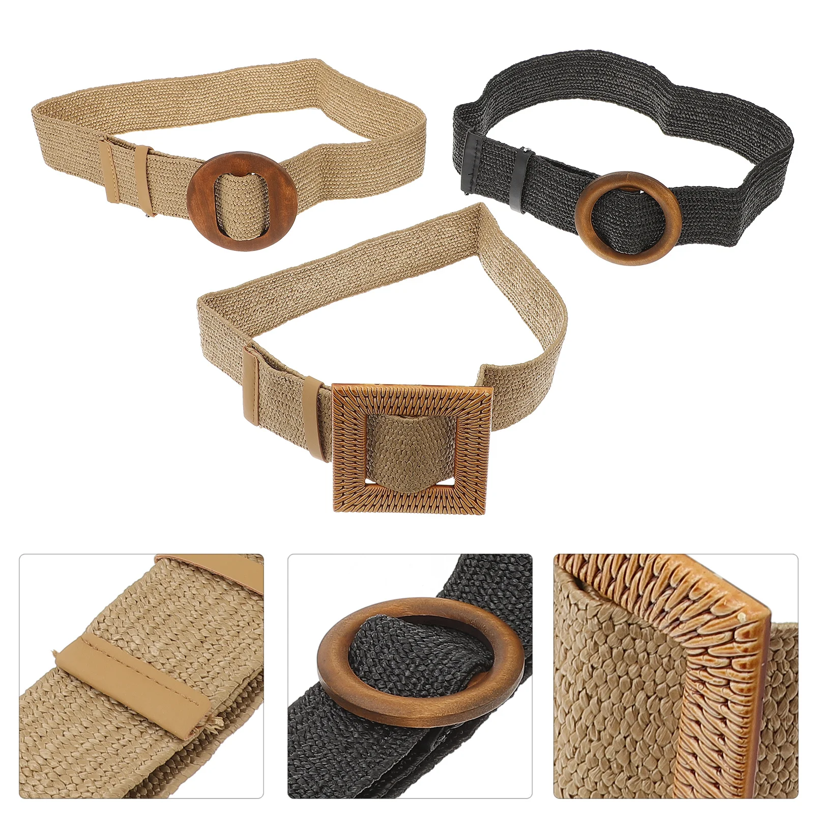 

3Pcs Round Buckle Waist Belts Women Imitation Straw Woven Elastic Casual Dress Belts Chic Fashion Accessories for Jeans Pants