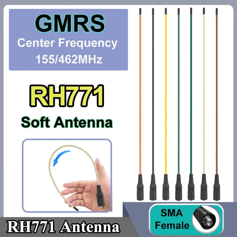 RH771 GMRS Antenna SMA-Female VHF UHF 155/462MHz Flexible 10W Soft Whip Long Range For GM-5RH Baofeng Walkie Talkies Accessory