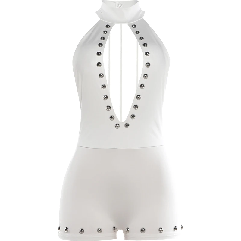 Weird Puss Hottie Hollow Romper Damen Trend Wilder Nieten-Patchwork Rückenfreier Neckholder Ärmelloser Trend Mitternachts-Street-Club-Playsuit – Detail 2