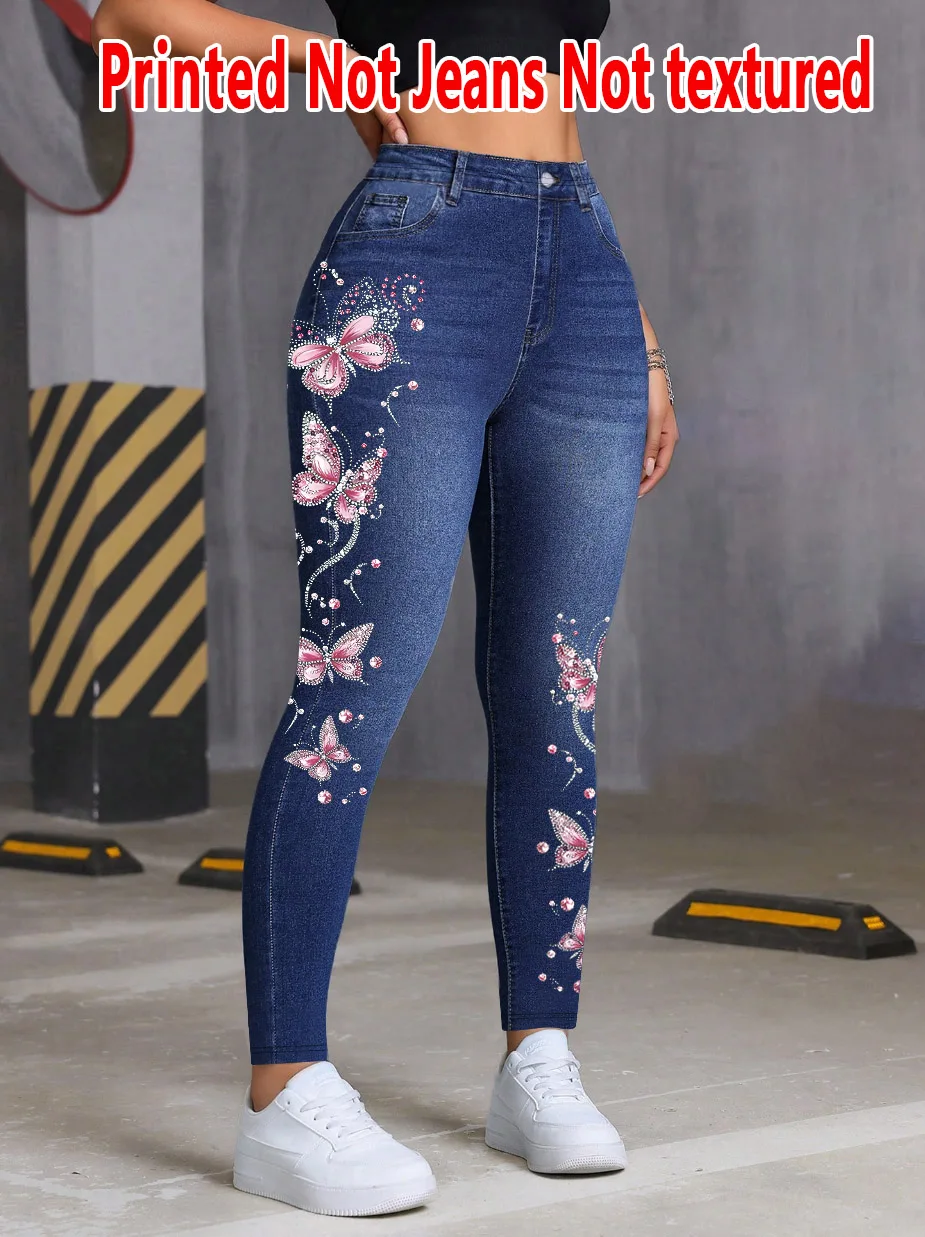 1286  Ladies Butterfly Print Shiny Rhinestone Effect Non-Leather Fabric Pants Bottoms Jeans Style Tight Pants Four Seasons Wear