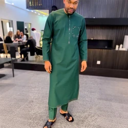 H&D 2025 African Nigerian Fashion Men Green Traditional Outfits Muslim Thobe Suit Complete Print 2 PCS Clothing Ramadan Sets