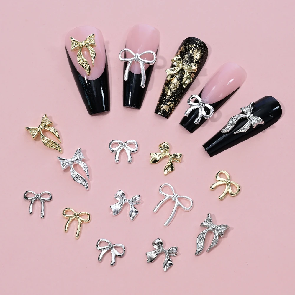 96 unids/caja mezcla de aleación de oro y plata, lazo de cinta, dijes para uñas Kawaii, decoración de uñas 3D, lazo de Metal, accesorios de manicura de lujo DIY