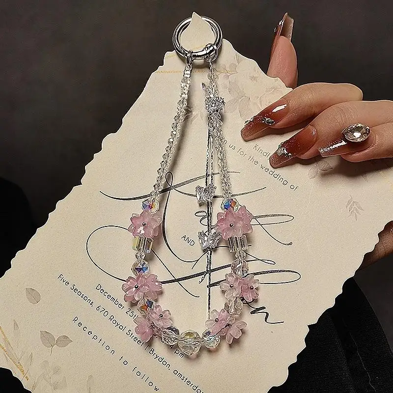 

Beaded Phone Chain with Colorful Flower Crystal Pendant Short Wrist Strap for Mobile Elegant Portable Charm