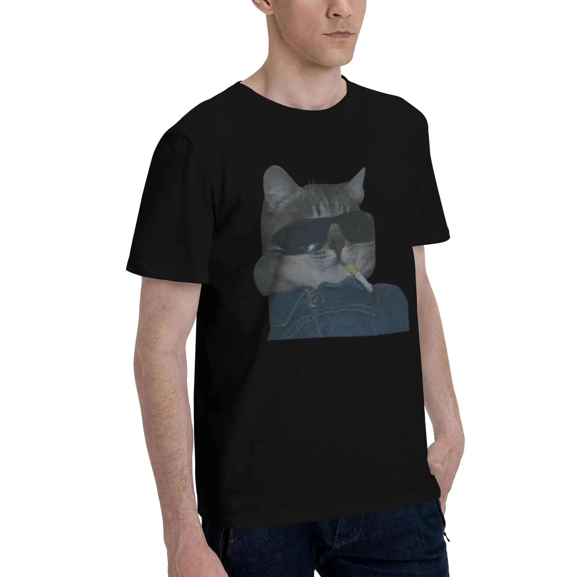 Smoking Cat Cigarette T Shirt for Men 100% Cotton Vintage T-Shirt Round Collar  Tees Short Sleeve Tops Plus Size