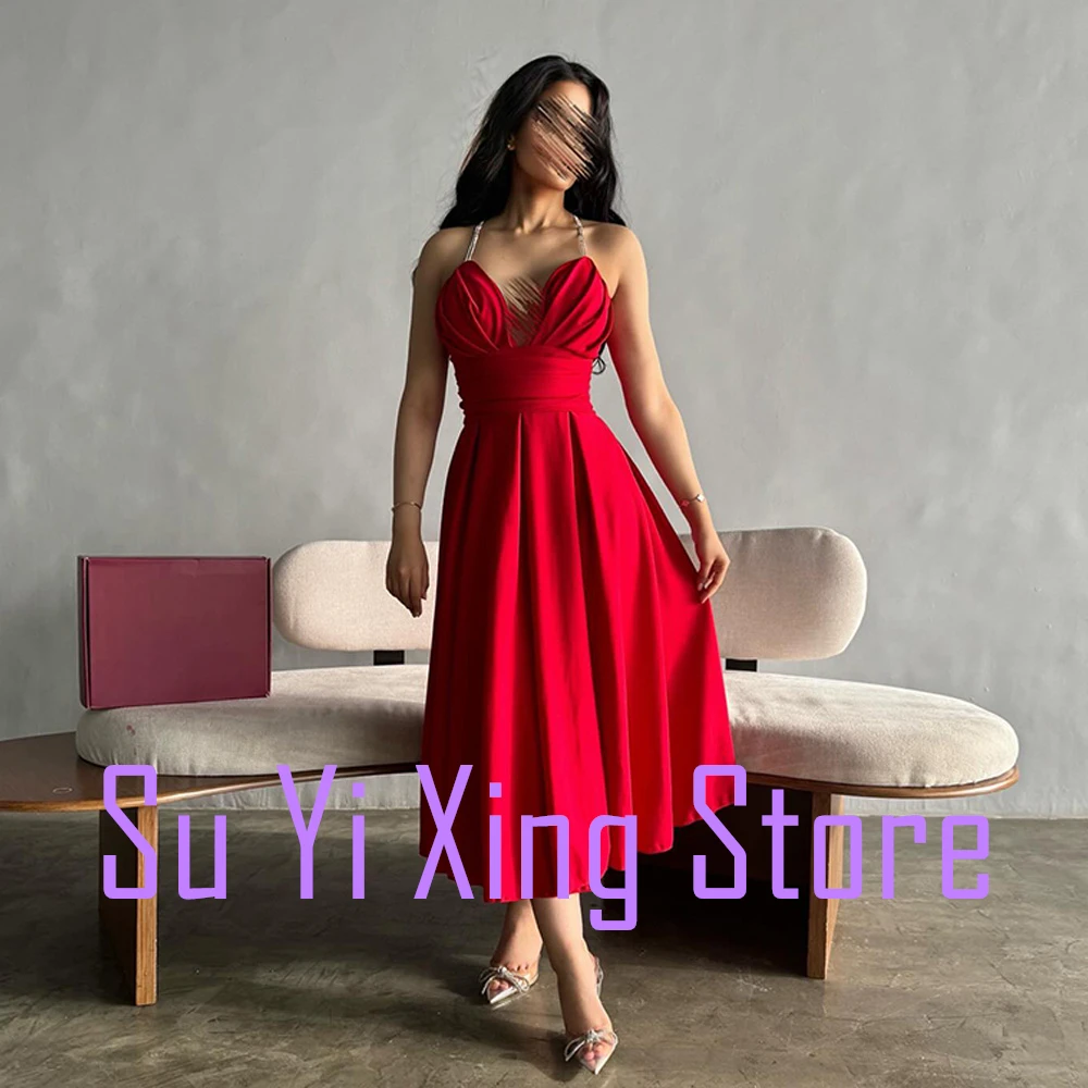 Zipper Back A-Line Square Neck Spaghetti Straps Exquisite and Fashion Evening Dresses Custom Size Tea Length Satin Sleeveless