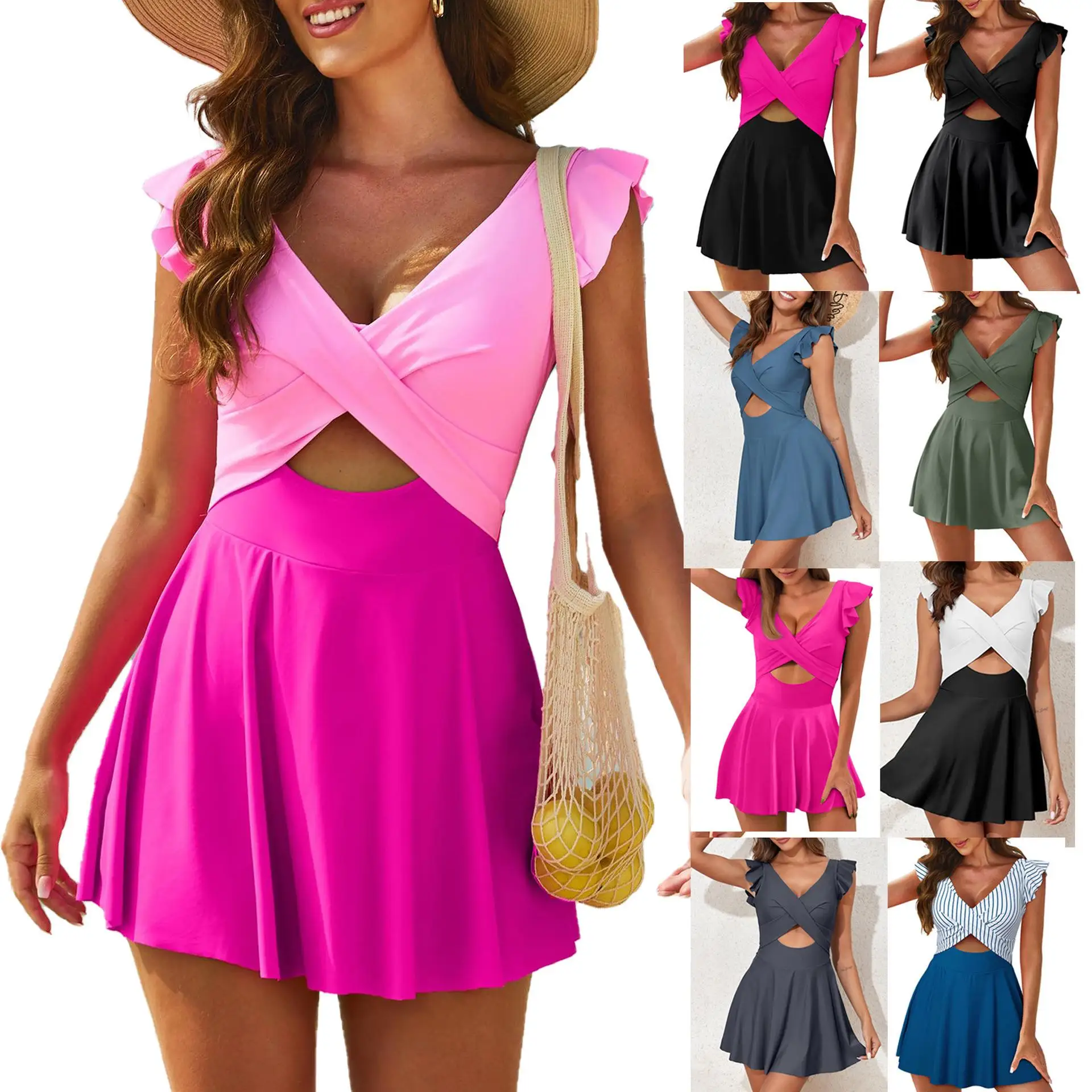 

Купальник-бикини с перекрестной юбкой, на бретелях, без рукавов, из полиэстера, раздельный дизайн с кружевом