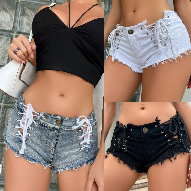 Jeans Sexy Denim Pant Women Shorts Slim Fit Midi Waist Short Pants Lace Up Pant Splice High Street Elegant Lady Summer 2025