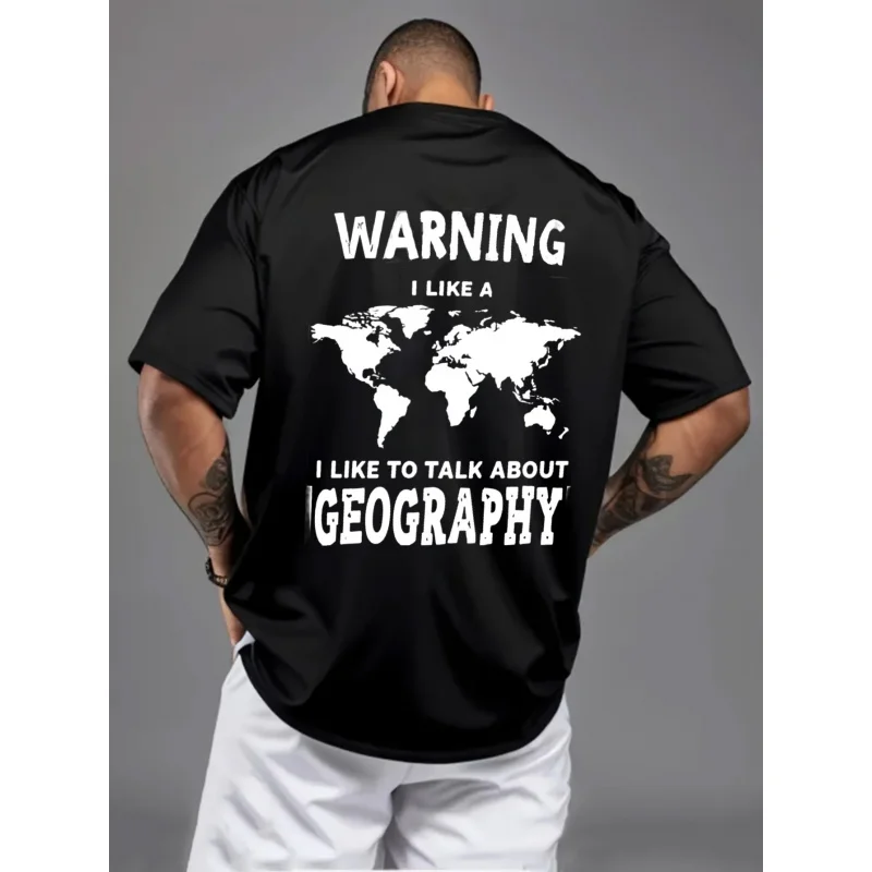 تي شيرت رجالي أسود تحذير أحب خريطة العالم أحب التحدث عن الجغرافيا المطبوعة نمط قطن عالي الجودة 180 جرام