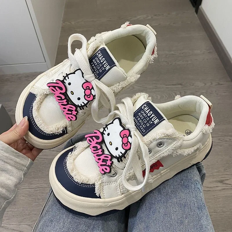 Sanrio Original Hello Kitty Co Branded Ugly Cute Big Head Platform Sneakers Lolita Off White Shoes Kawaii SkateBoard Shoes 2024