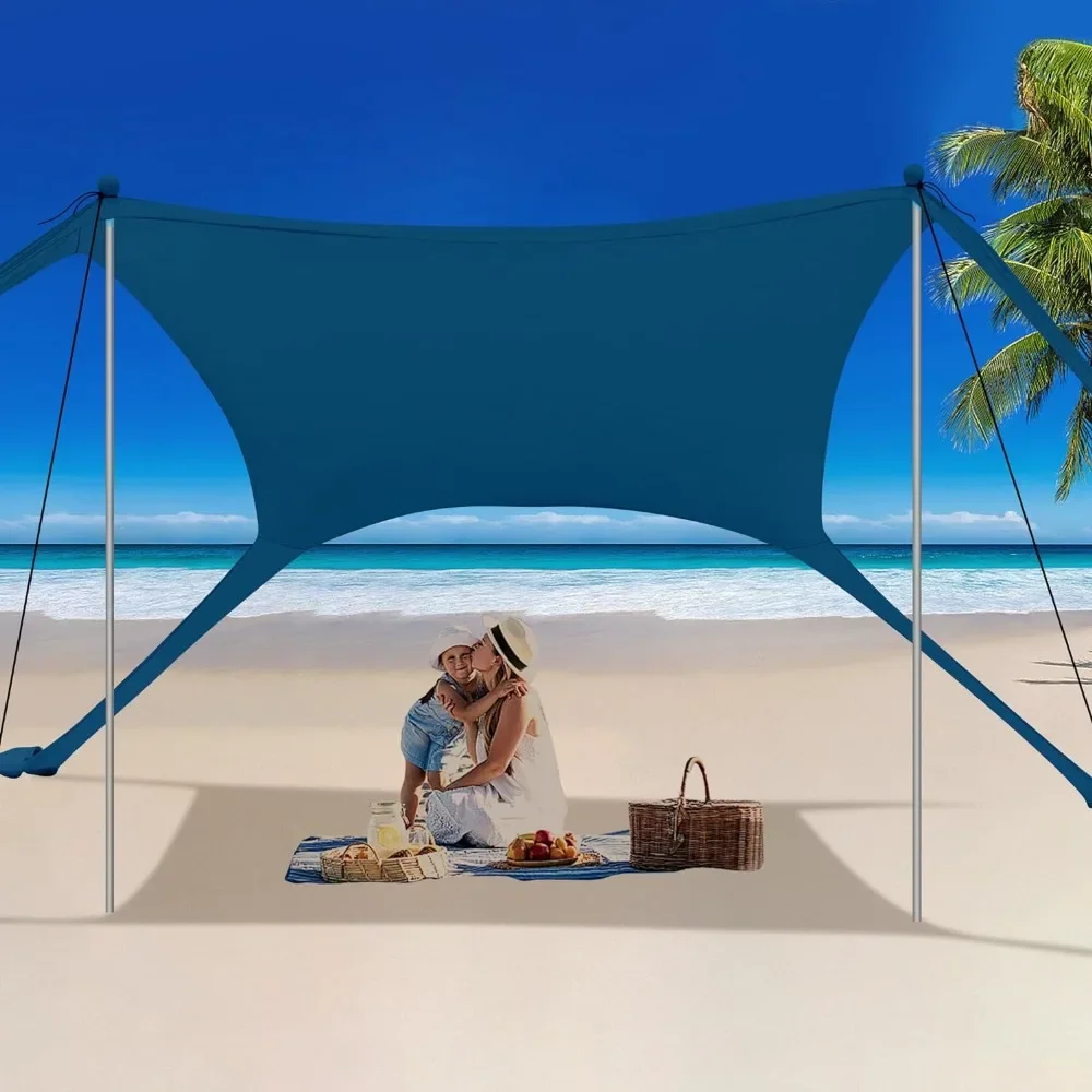 Beach Tent Canopy Sun Shade, Pop Up Grande Beach Tent Sun Shelter Stability 4 Poles, Beach Tent