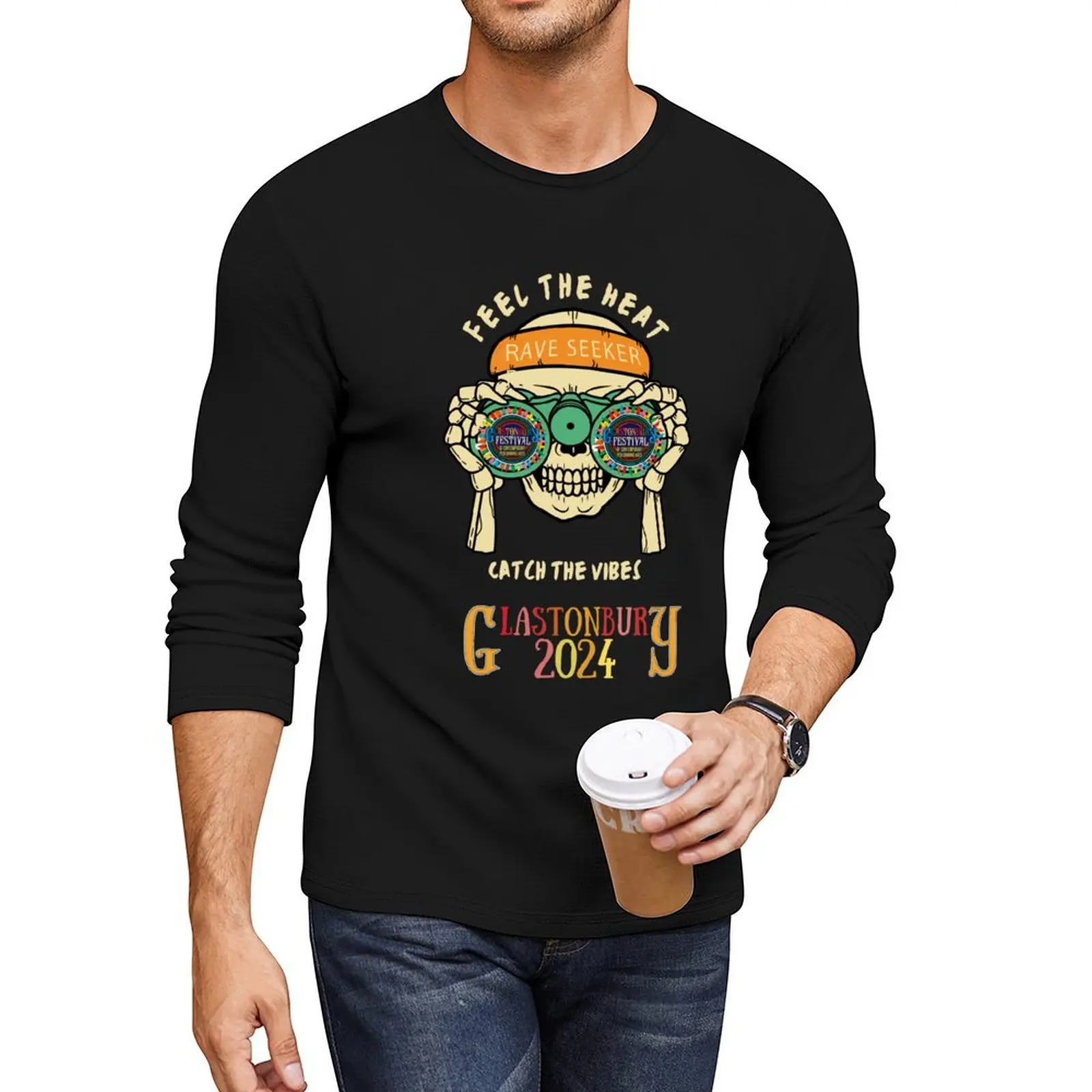 

Glastonbury 2024 Music Festival Rave Seeker Vibrant Skull Long T-Shirt custom t shirts sublime t shirt Tee shirt Men's t-shirt