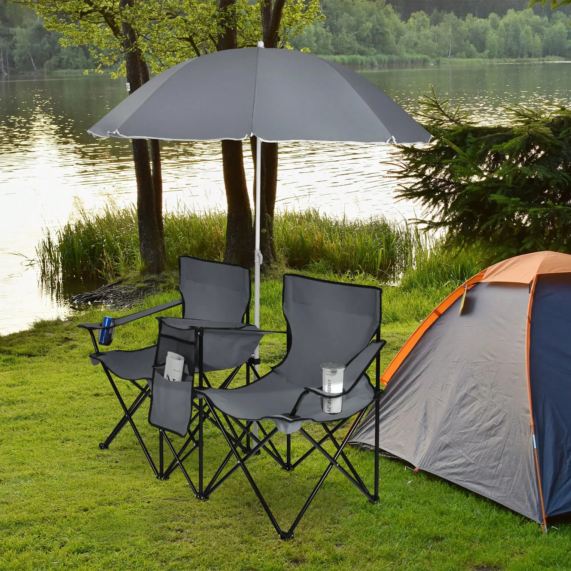

Folding Picnic Double Chair W/Umbrella Table Cooler Beach Camping Turquoise\Black\Gray\Blue