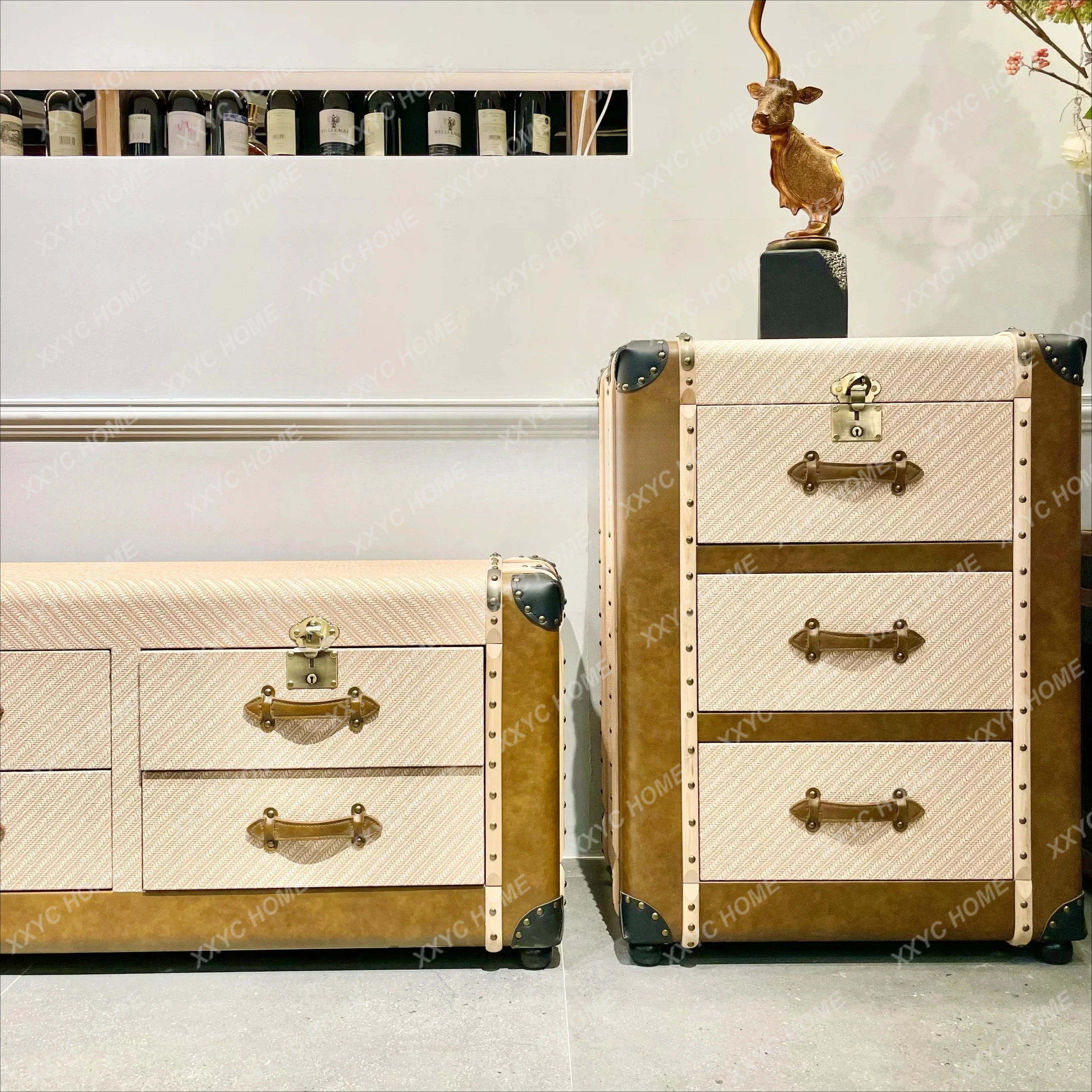 A Fashion retro medieval element chest orange retro creative vintage leather case dining side cabinet