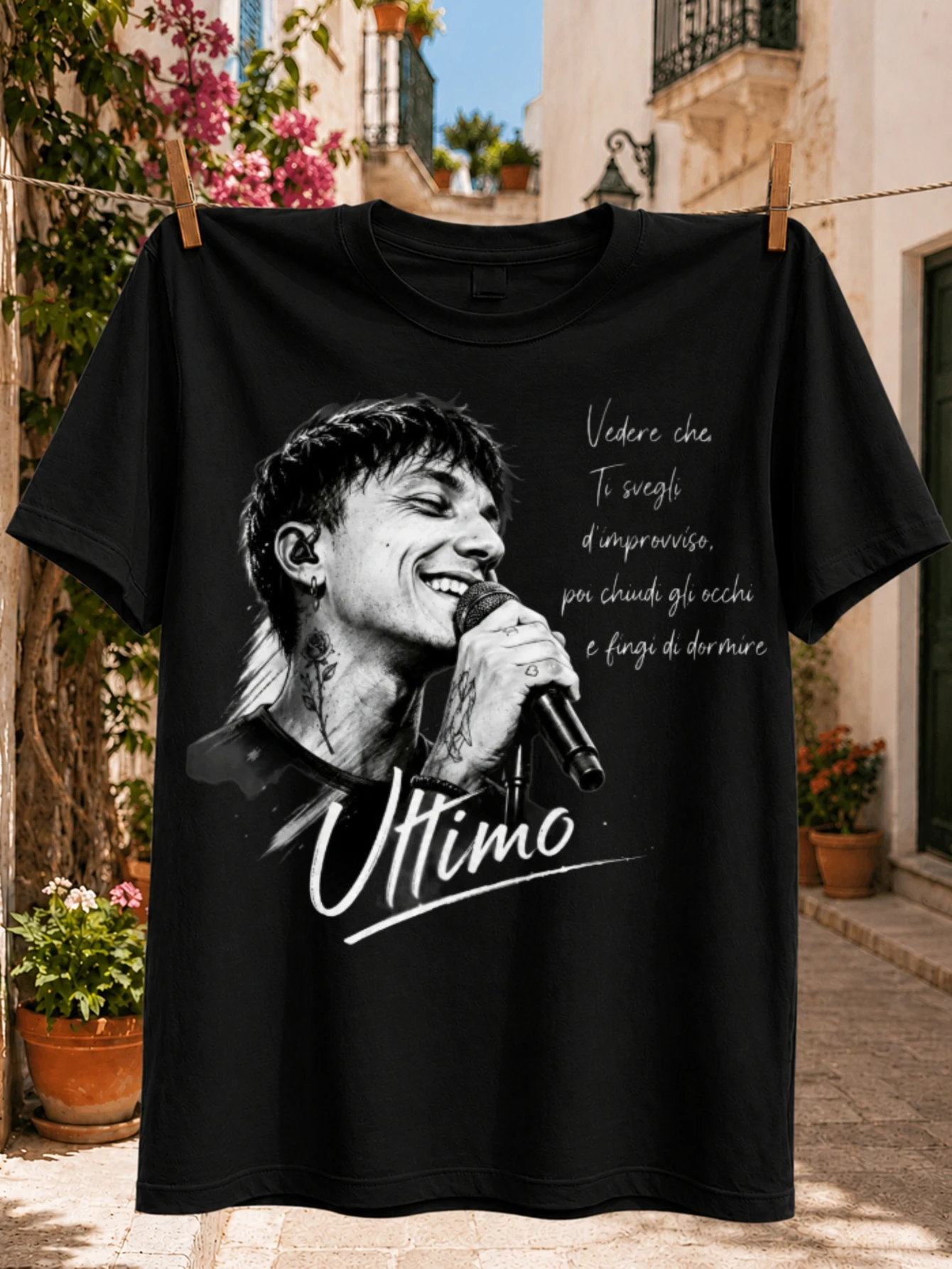 Monochrome Tattooed Singer with Microphone Portrait Italian Sudden Waking and Pretend Sping  Unisex All T-Shirt